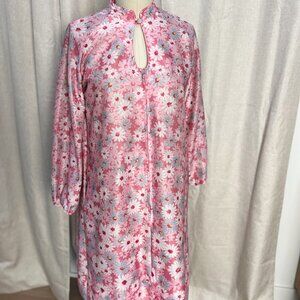 1960s Pink Daisy Floral Zip Housecoat Lounge Dress Size M